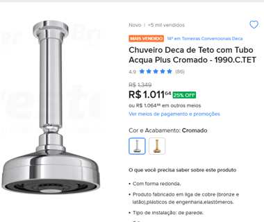 Chuveiro com tubo de teto Acqua Plus
