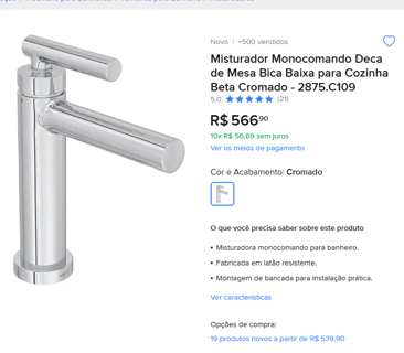 Misturador monocomando bica baixa