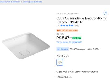 Cuba quadrada de embutir 40 cm